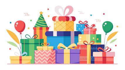 Vector art of a vibrant collection of colorful gift boxes with ribbons and bows, balloons, and festive decorations, isolated on a white background, perfect for celebrations and holidays