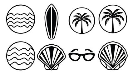 Summer elements Set of oval beach and ocean themed icons with surfboard seashell palm tree clipart silhouette