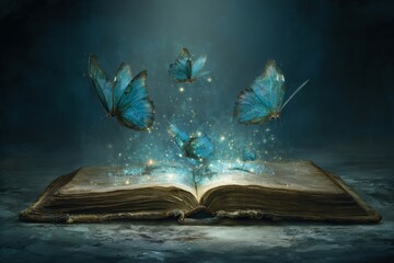 Magical Book with Blue Butterflies Emerging from its Pages