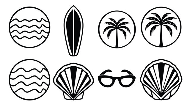 Summer elements Set of oval beach and ocean themed icons with surfboard seashell palm tree clipart silhouette