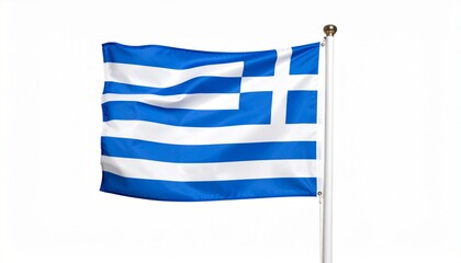 Greece national flag with nine alternating blue and white horizontal stripes and blue canton featuring white cross, mounted on flagpole with gold finial, isolated on plain background, symbolizing nati