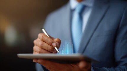 Focused Precision: A sharply dressed professional meticulously utilizes a stylus on a sleek tablet, symbolizing the modern business acumen and technological integration.
