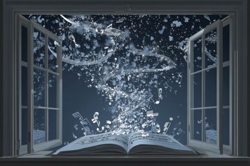 Magical Music Notes Erupting From an Open Book on a Window Sill
