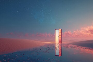 Surreal Desert Landscape with Open Door to the Universe at Sunset
