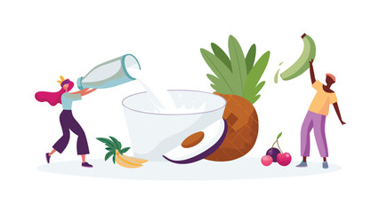 Woman pouring milk into a glass with fruit and a man holding a banana for a smoothie preparation