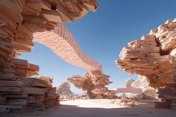 Architectural Design: Surreal Desert Oasis with Abstract Rock Formations and Bridges