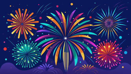 Vector art of vibrant fireworks bursting in the dark night sky, showcasing a dazzling display of colorful lights and patterns for a festive celebration
