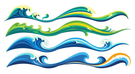 An image of colorful cartoon waves on white background.. The scene includes shape, summer, beach, nautical, white, blue, style, icon,