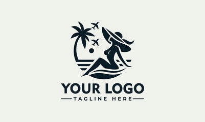 Silhouette logo design of a woman relaxing on a beach with palm trees and airplanes, showcasing a travel theme. © nuaari
