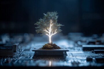Glowing Tree on Computer Motherboard: Symbiosis of Nature and Technology
