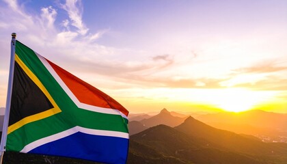 South African flag waving at sunset over a mountainous landscape, symbolizing national pride, unity, and natural beauty.