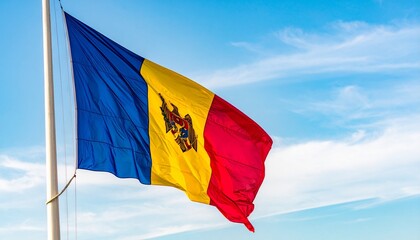 Waving Moldovan flag with vertical blue, yellow, and red stripes, featuring the national coat of arms with an eagle holding a cross, scepter, and olive branch, set against a bright sky.