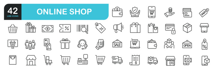 Set of line icons related to online shop, e-commerce, shopping, buying, shopping. Outline icons collection. Editable stroke. Vector illustration
