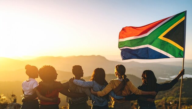 South African flag waving at sunset over a mountainous landscape, symbolizing national pride, unity, and natural beauty.