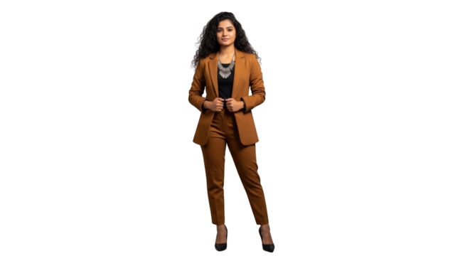 An image of confident businesswoman in brown suit.. The scene includes attire, fashion, full length, stylish, businesswoman, elegant, office, ambitious,