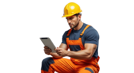 An image of construction worker using tablet computer.. The scene includes helmet, inspecting, man, blue, digital, screen, building, hard hat,