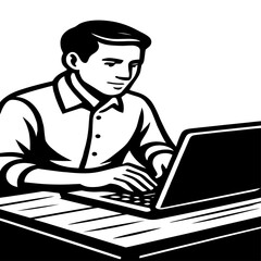 Black and White Vector of Man Working on Laptop at Desk