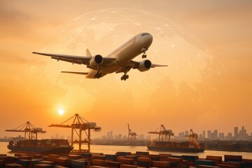 Air Cargo Flight and World Logistics: An airplane ascends over a bustling seaport, representing international shipping and delivery, a vivid illustration of global trade and modern logistics.