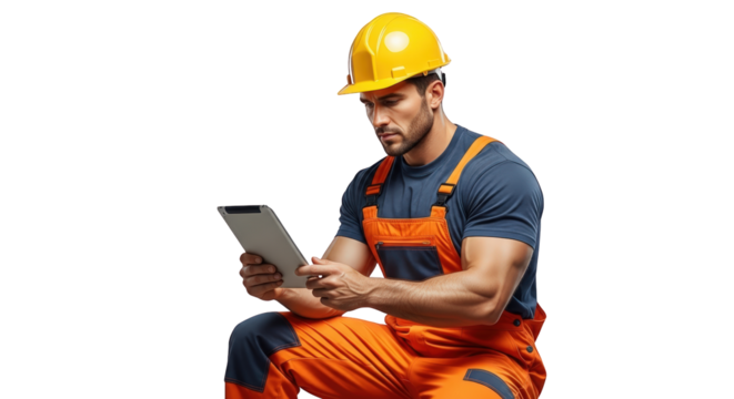 An image of construction worker using tablet computer.. The scene includes helmet, inspecting, man, blue, digital, screen, building, hard hat,