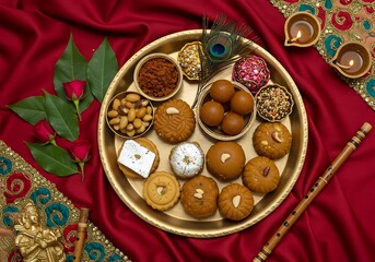 Janmashtami photo of an overhead view of an indian sweet platter, showcasing an assortment of indian sweets and snacks arranged artistically on a golden plate, adorned with decorative borders, peacock