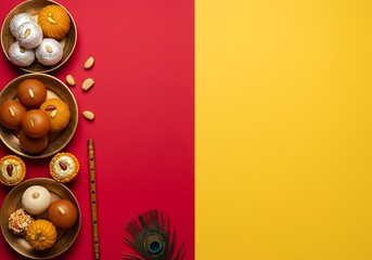 Janmashtami photo of a vibrant topdown view of indian sweets and traditional items like a flute and peacock feather arranged on a split red and yellow background, perfect for festive occasions and cul
