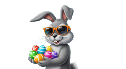 An image of cool easter bunny with colorful eggs.. The scene includes Easter, playful, adorable, white, Easter bunny, digital, tradition,