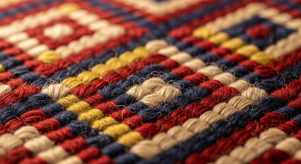 Fototapeta premium Hyperrealistic close-up of ancient Amazigh textile pattern, with visible threads and dye textures under magnification, cinematic warm lighting, microphotography, 32k ultra HD