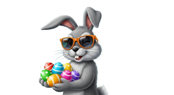 An image of cool easter bunny with colorful eggs.. The scene includes Easter, playful, adorable, white, Easter bunny, digital, tradition, - Powered by Adobe