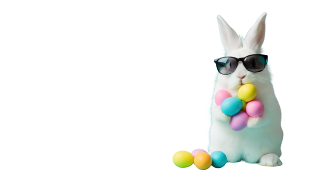 An image of cool easter bunny with sunglasses 1.. The scene includes fashion, horizontal, image, eyewear, Easter, playful, white, adorable,