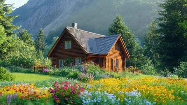 A cozy wooden cabin nestled in a vibrant garden full of colorful wildflowers, gently swaying in the mountain breeze, surrounded by majestic forested slopes and soft drifting morning mist &ndash; cinematic v