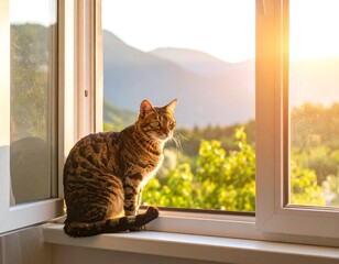 Cat on windowsill, sunset view