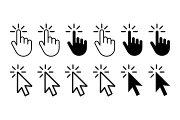 Illustration of multiple hand pointer and cursor icons in black and white variations