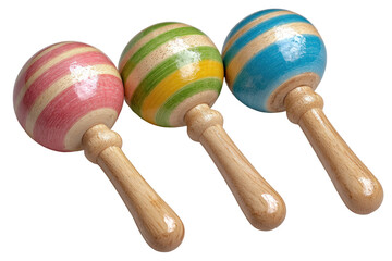 Colorful wooden maracas playroom toy collection cheerful vibe. Isolated on transparent background, png.
