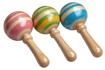 Colorful wooden maracas playroom toy collection cheerful vibe. Isolated on transparent background, png.
