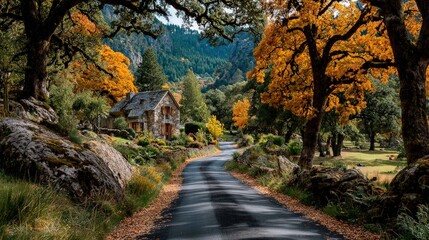 Autumnal country road winds through a valley framed by colorful trees and a stone cottage