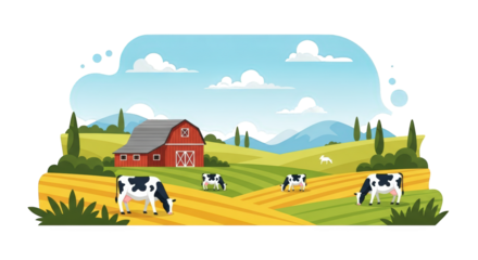 An image of cows grazing in farm landscape.. The scene includes ecology, domestic, summer, white, blue, nature, red, environment, landscape,