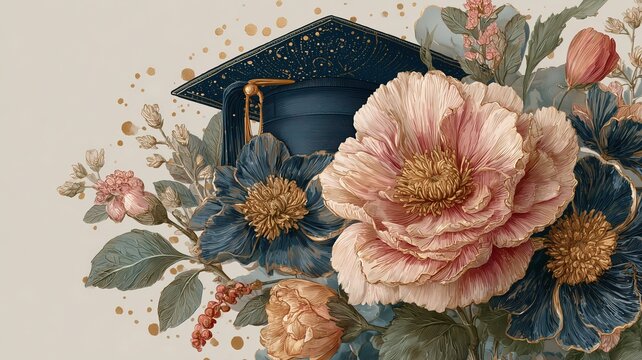 Elegant Graduation Floral Design:  Dark Blue Cap, Blush Pink & Teal Blooms, Gold Accents