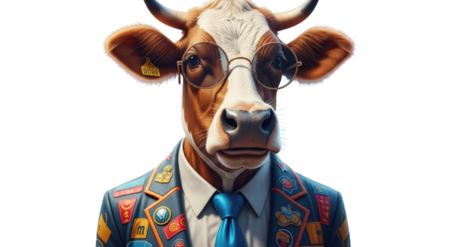 An image of cow in suit with glasses.. The scene includes attire, face, headshot, stylish, ear tag, badge, office, blue, - Powered by Adobe