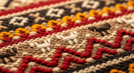 Hyperrealistic close-up of ancient Amazigh textile pattern, with visible threads and dye textures under magnification, cinematic warm lighting, microphotography, 32k ultra HD