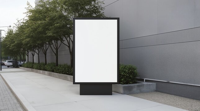 Blank white vertical pylon stand mockup brick building, side view