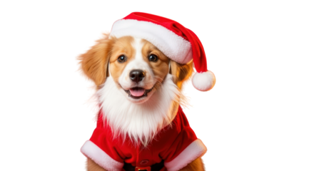 An image of cute dog in santa costume.. The scene includes hat, image, domestic, playful, white, adorable, spirit, gift, digital,