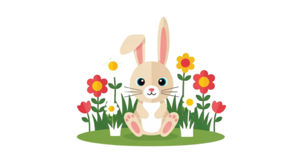 An image of cute easter bunny with flowers.. The scene includes children, playful, adorable, white, ears, bunny, simple, nature, red,