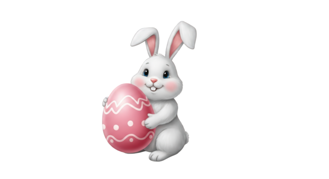 An image of cute easter bunny holding egg.. The scene includes image, Easter, playful, white, adorable, ears, digital, tradition, decoration,