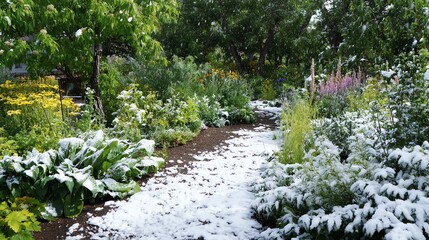 A garden path lined with lush green plants and flowers lightly dusted with snow under the canopy of trees on a bright day.