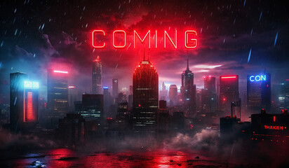 Obraz premium A futuristic cityscape illuminated by vibrant neon lights, featuring tall skyscrapers with a prominent red COMING sign at the top. The scene is enhanced by a moody atmosphere with rain and dark clouds
