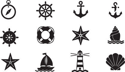 Black and White Nautical Icons Set With Compass Ship Wheel Anchor Lifebuoy Starfish Sailboat Lighthouse and Seashell Keywords: nautical, maritime, sea, ocean, sailing, boat, ship, anchor, ship