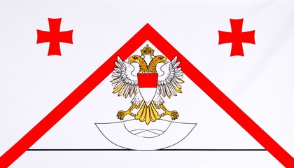 Composite flag design with white background featuring two red crosses in the top corners, a central upward-pointing red chevron
