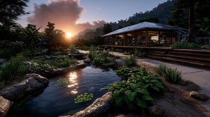 Tranquil Sunset Over Eco-Friendly Glass House in Lush Garden Setting