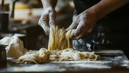 Masterful hands skillfully pull and shape fresh, homemade strands of dough, showcasing the traditional art of noodle making amidst rustic kitchen elements