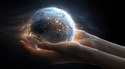 Caring for the World: A pair of hands cradles a glowing, digital planet, symbolizing global responsibility and environmental consciousness.